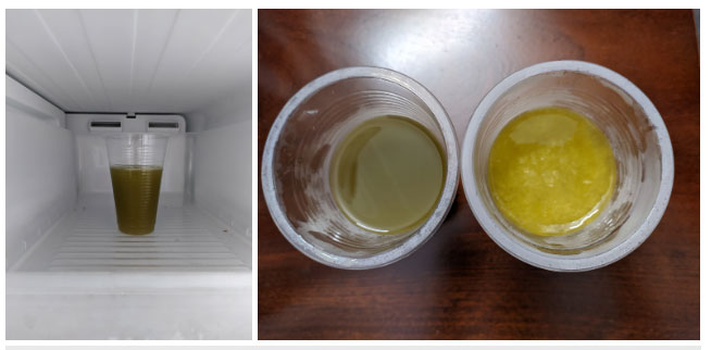 nuoc-mia-3 Sau một đêm (12 tiếng), nước mía trong ngăn mát tủ lạnh (bên trái) đã bị hóa nâu
